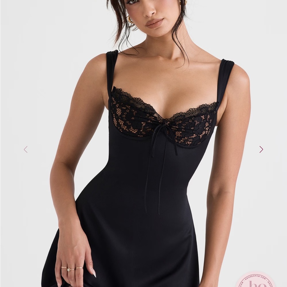 House of CB Adriana Black Satin and Lace Mini Dress